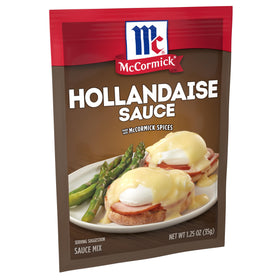 McCormick Hollandaise sauce mix in a bowl for easy, no MSG added sauce.