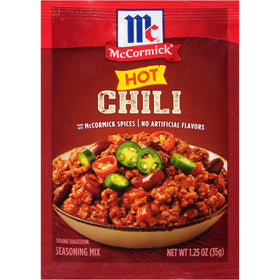 McCormick Hot Chili Seasoning Mix jar ready to heat up chili.