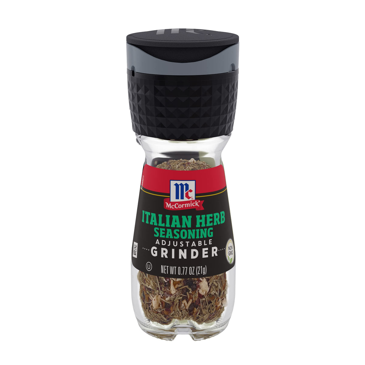 McCormick Italian Herb Seasoning Grinder cap shows adjustable grind for pasta and salads