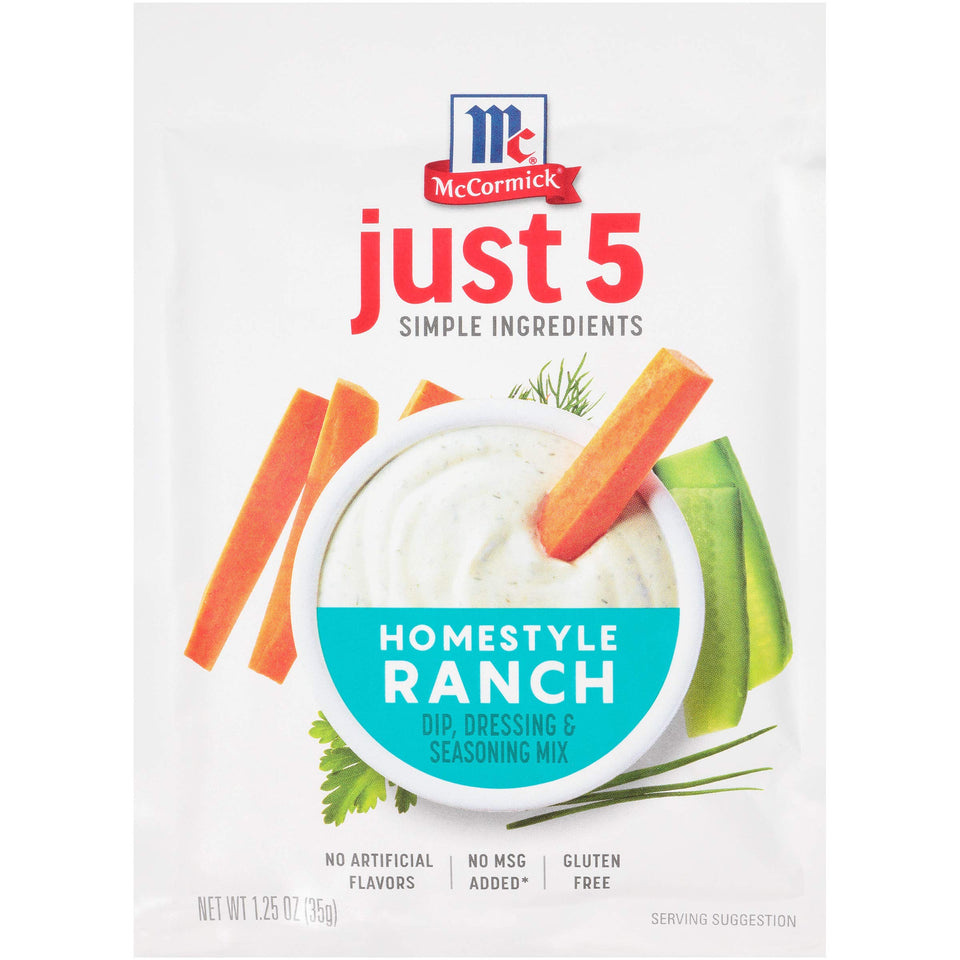 McCormick Just 5 Ingredients ranch dip mix label closeup, highlighting clean ingredients.