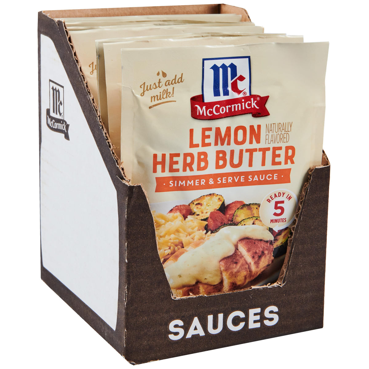 McCormick Lemon Herb Butter Sauce Mix packaging with lemon and herbs for quick flavor