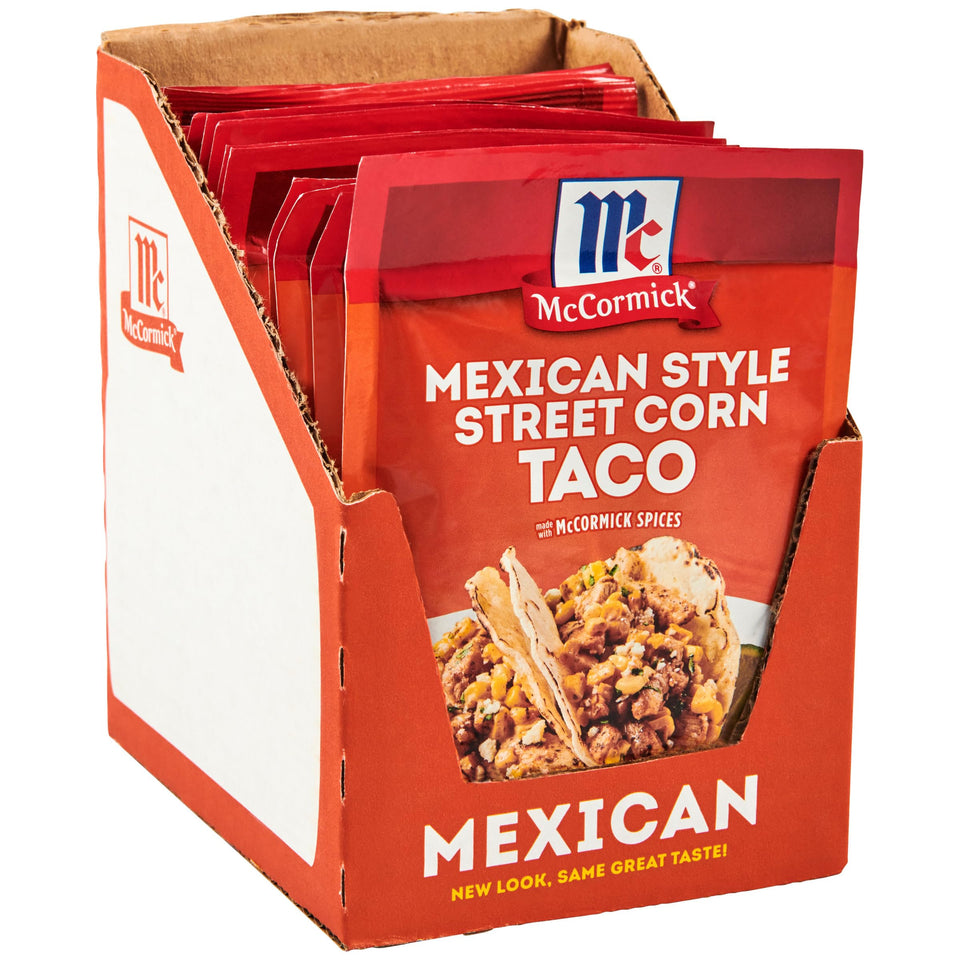 McCormick Mexican Style Street Corn Taco Seasoning packaging sits on the counter, ready for quick taco night.
