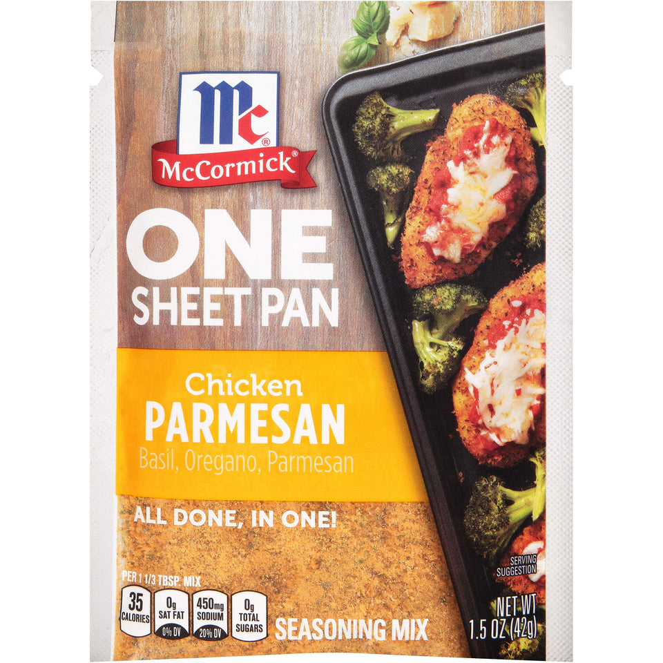 McCormick ONE Sheet Pan Chicken Parmesan Seasoning Mix on tray ready for weeknight dinner.