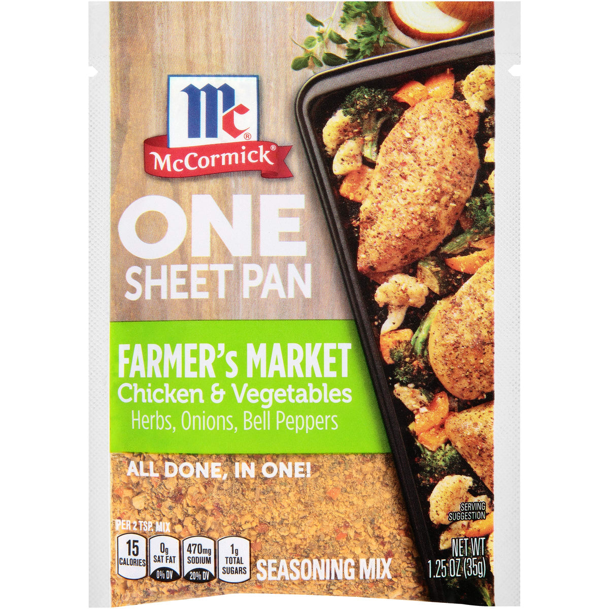 McCormick One Sheet Pan Farmers Market packaging showcases convenient, family-friendly seasoning.