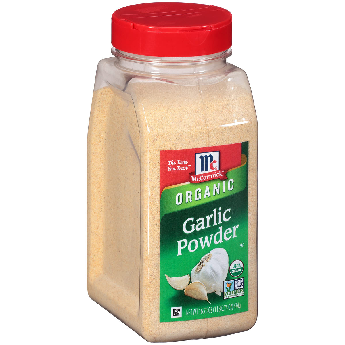 McCormick Organic Garlic Powder bottle front view for convenient flavor