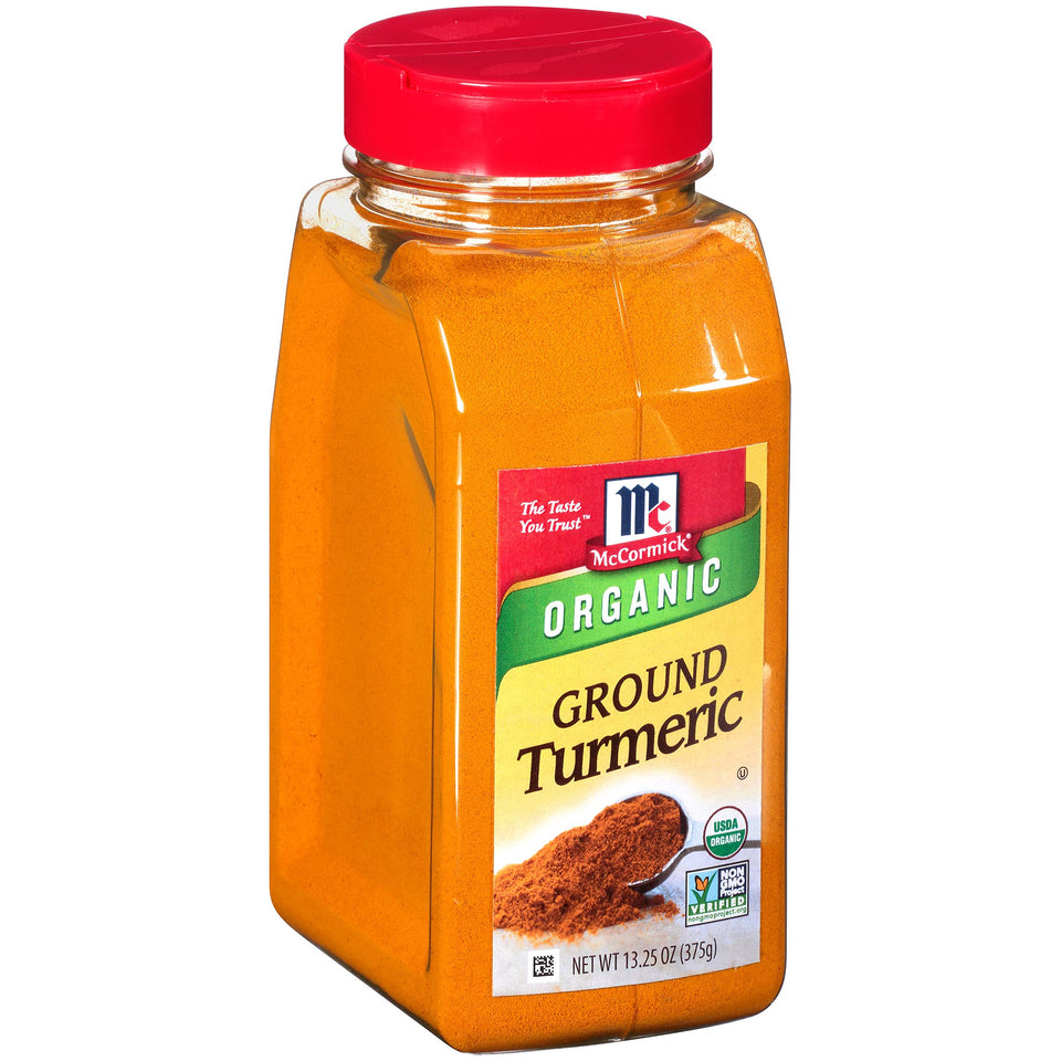 McCormick Organic Ground Turmeric bottle front; vivid color for curries.