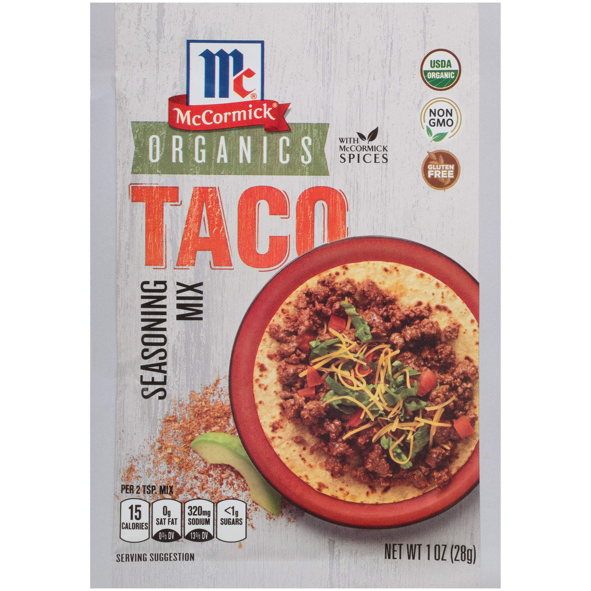 McCormick Organics taco seasoning mix packaging with gluten-free label