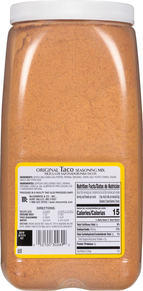 Bulk container of McCormick Original Taco Seasoning ready for large meals.