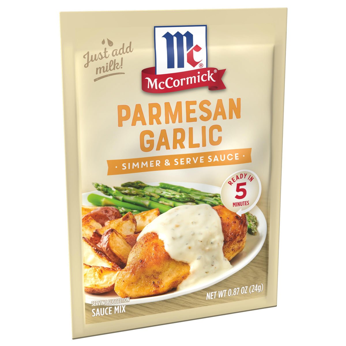 McCormick Parmesan Garlic sauce mix box on pantry shelf for fast meals.
