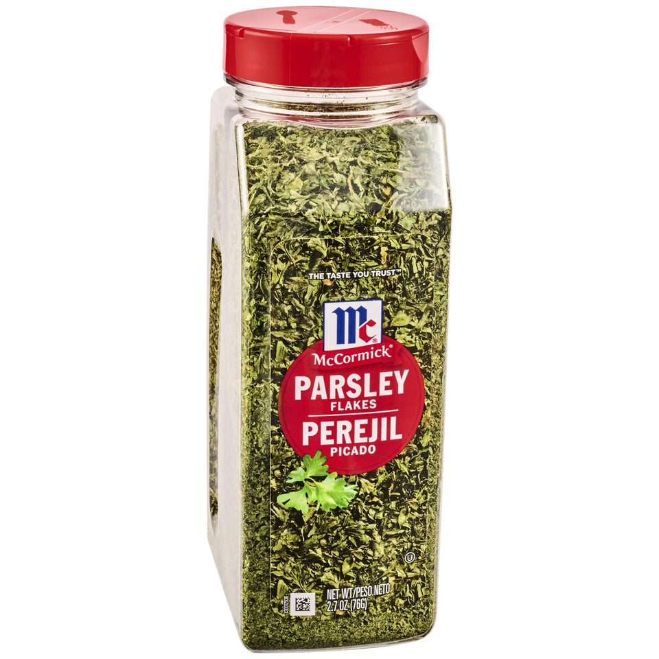 McCormick Parsley Flakes bottle close-up with vibrant green color