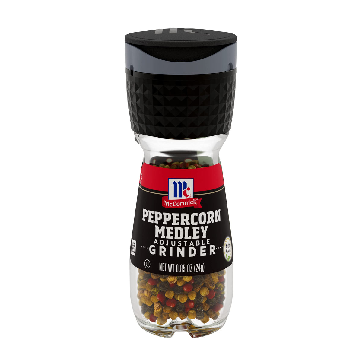 McCormick Peppercorn Medley Grinder bottle closeup with colorful peppercorns ready to season
