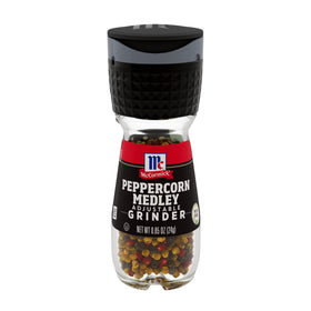 McCormick Peppercorn Medley Grinder bottle closeup with colorful peppercorns ready to season