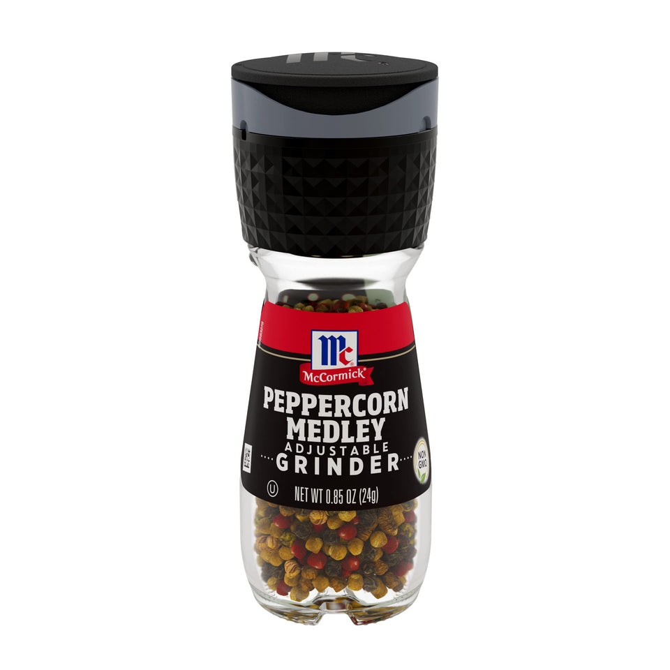 McCormick Peppercorn Medley Grinder bottle closeup with colorful peppercorns ready to season