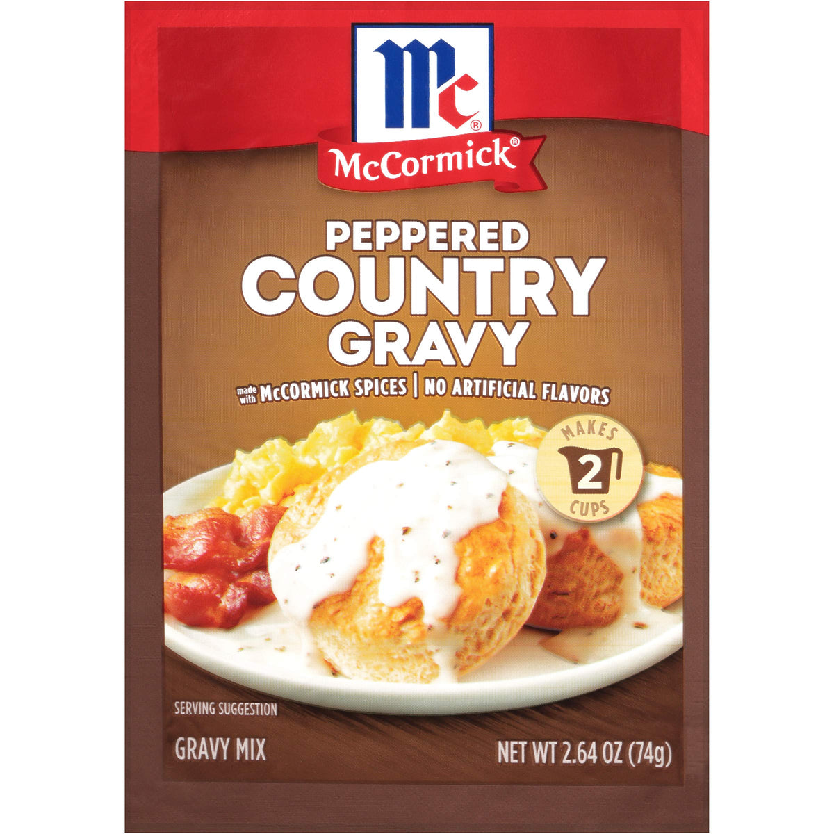 McCormick Peppered Country Gravy Mix front pack boosts breakfast flavor possibilities.