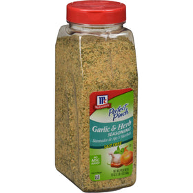 McCormick Perfect Pinch Garlic & Herb jar closeup for salt-free flavor potential.