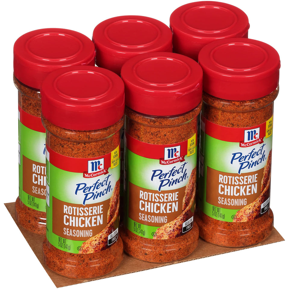 McCormick Perfect Pinch Rotisserie Chicken Seasoning jar front for delicious, evenly seasoned chicken.