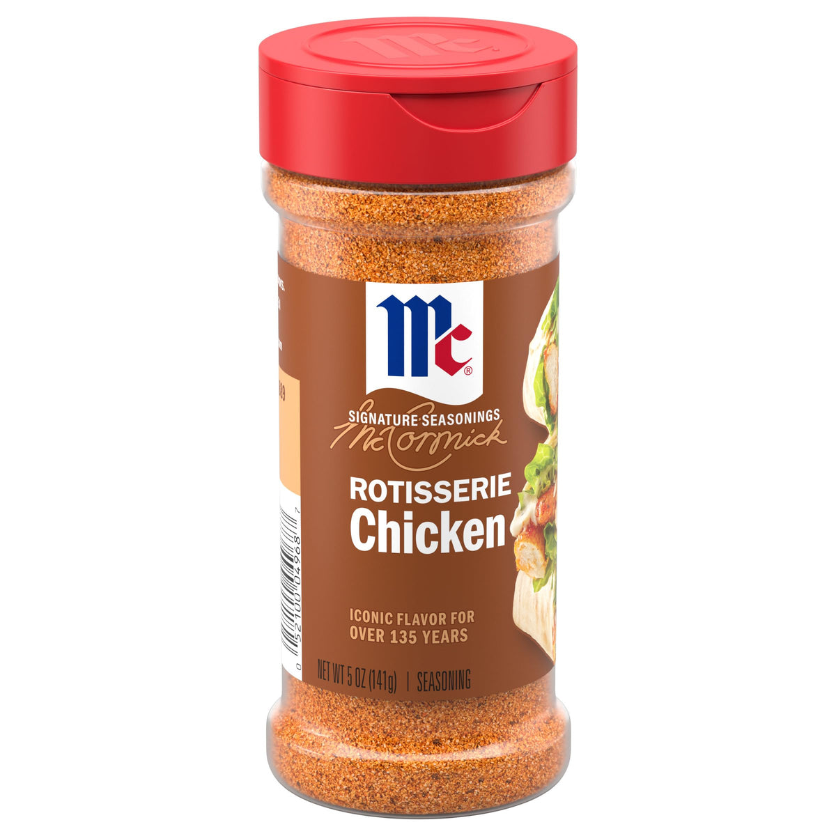 McCormick Perfect Pinch Rotisserie Chicken Seasoning spice blend on label, versatile for quick meals.
