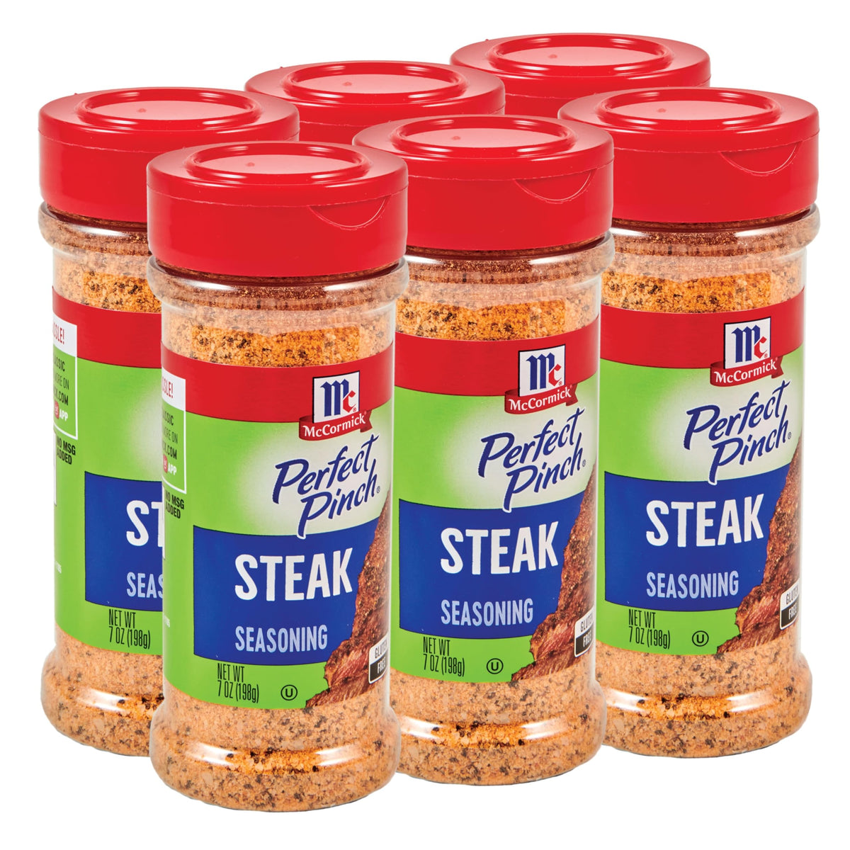 McCormick Perfect Pinch Steak Seasoning bottle boosts steakhouse flavor on grilled steaks.