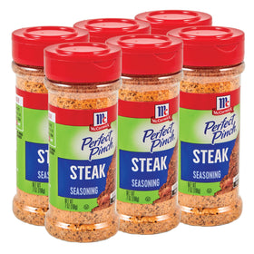 McCormick Perfect Pinch Steak Seasoning bottle boosts steakhouse flavor on grilled steaks.