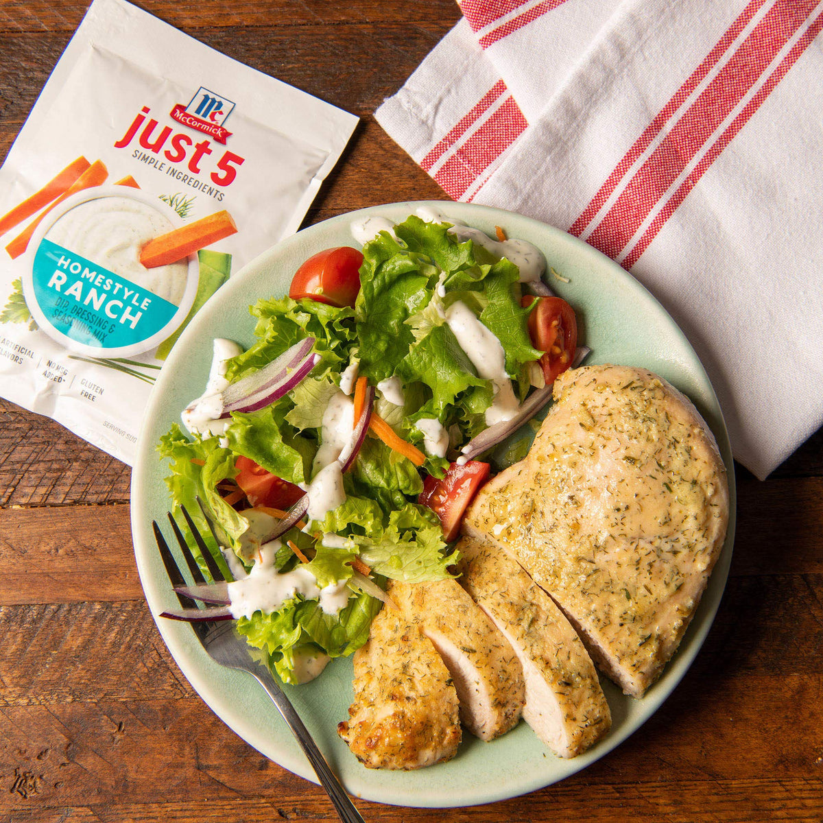 McCormick ranch dressing mix packet closeup, gluten-free formula.