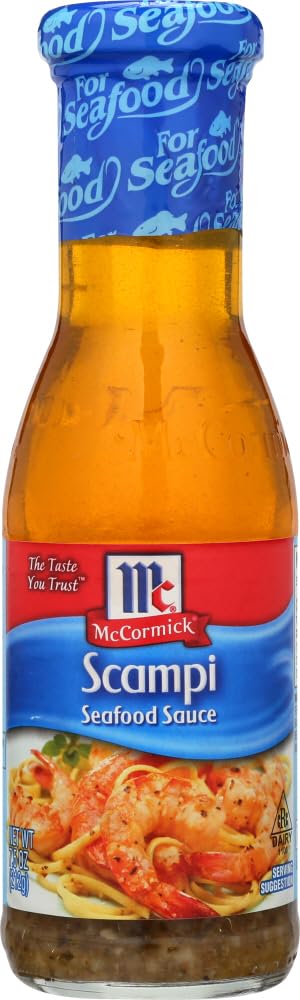 McCormick Scampi Seafood Sauce bottle pouring, ideal for quick weeknight shrimp scampi.