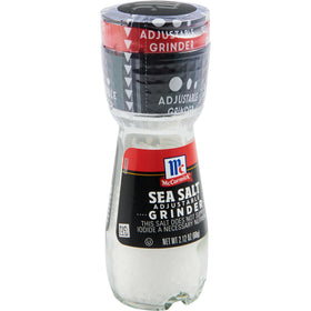 Close-up of McCormick Sea Salt Grinder glass bottle with crystals