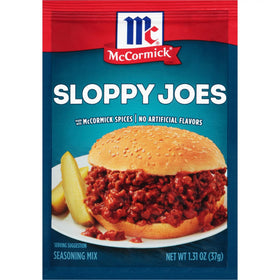 McCormick Sloppy Joes Seasoning Mix six-pack pack shot for convenient meals.