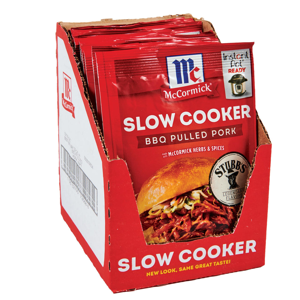McCormick slow cooker BBQ pulled pork seasoning pack for easy weeknight dinners.