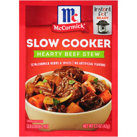 McCormick Slow Cooker Hearty Beef Stew Seasoning packaging on shelf, convenient weekly dinner option.