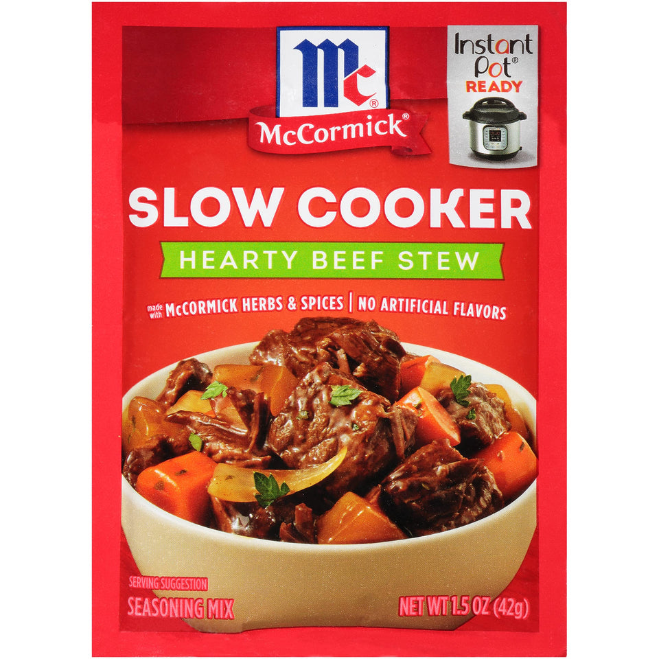 McCormick Slow Cooker Hearty Beef Stew Seasoning packaging on shelf, convenient weekly dinner option.