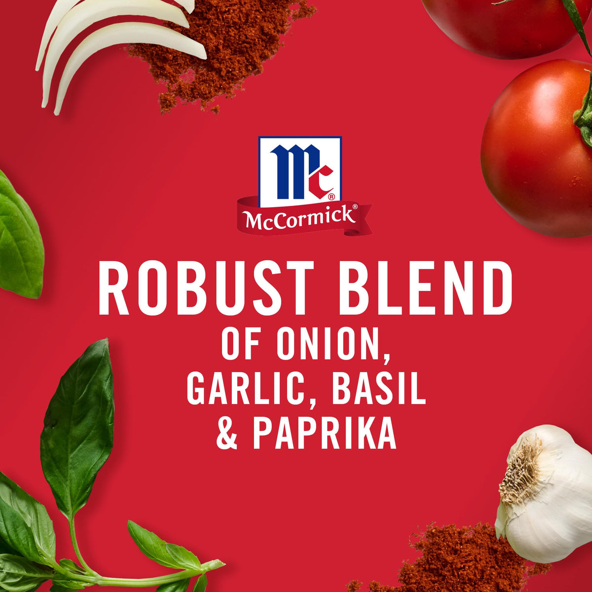 McCormick ingredients close-up with onions garlic and basil for seasoning