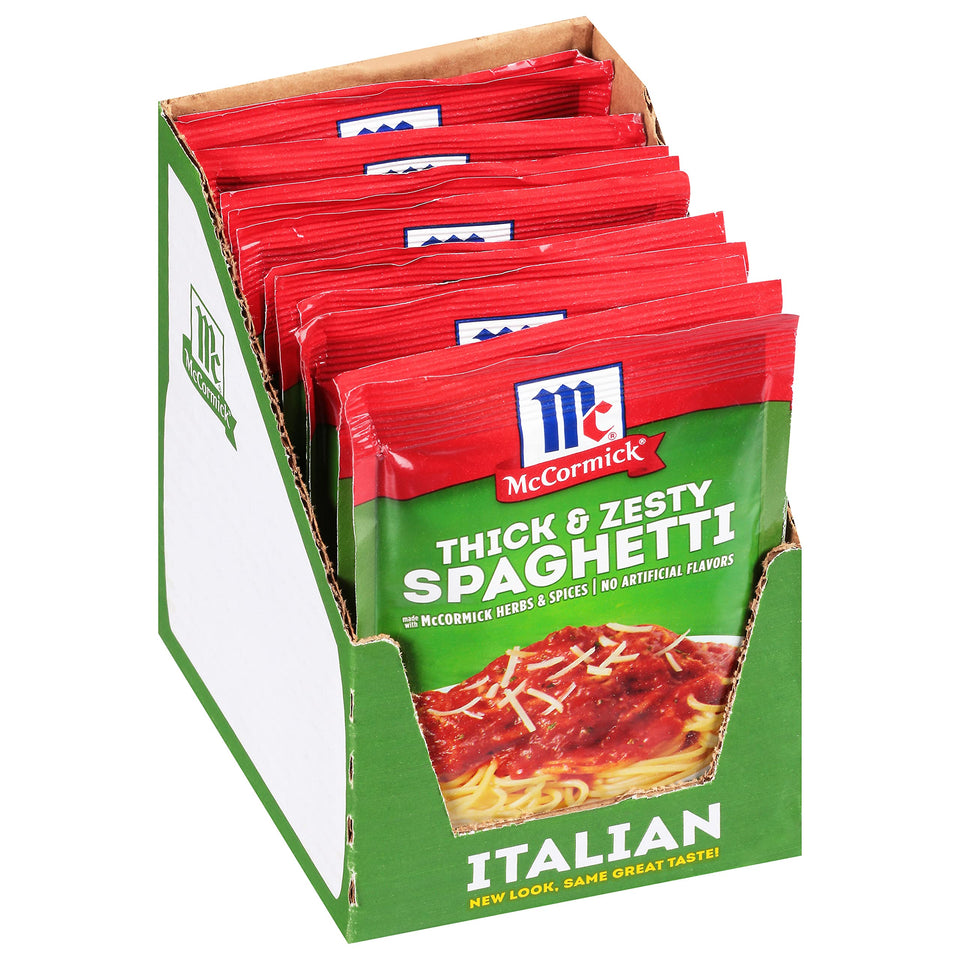 McCormick spaghetti sauce seasoning pack front shows robust weeknight flavor