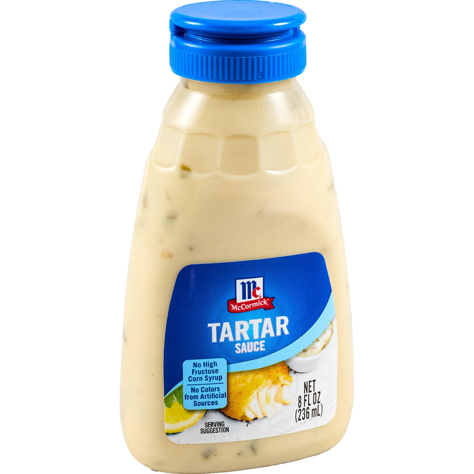 McCormick Tartar Sauce bottle 8oz on kitchen counter, ideal seafood dip