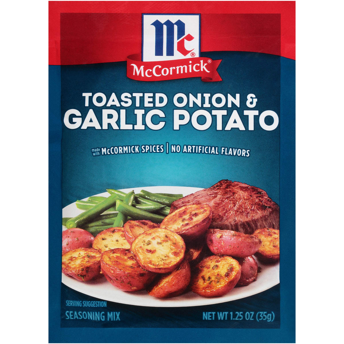 McCormick Toasted Onion & Garlic Potato Seasoning packet for quick potato flavor.