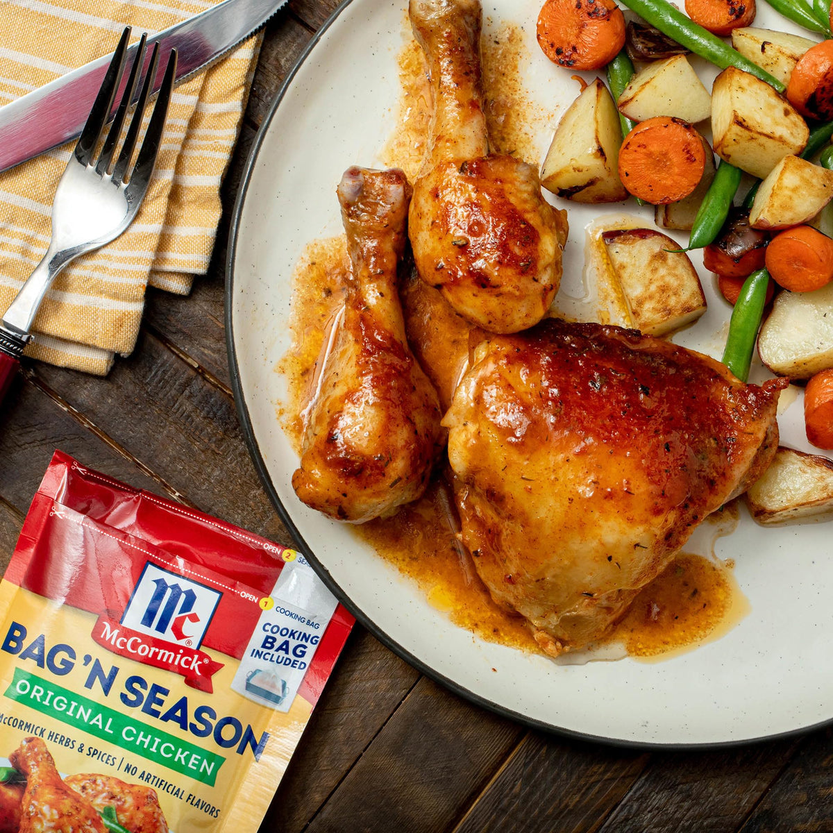 McCormick vegetables ready to bake alongside chicken in a single bag.