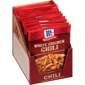 McCormick White Chicken Chili Seasoning Mix bottle for quick weeknight meals.