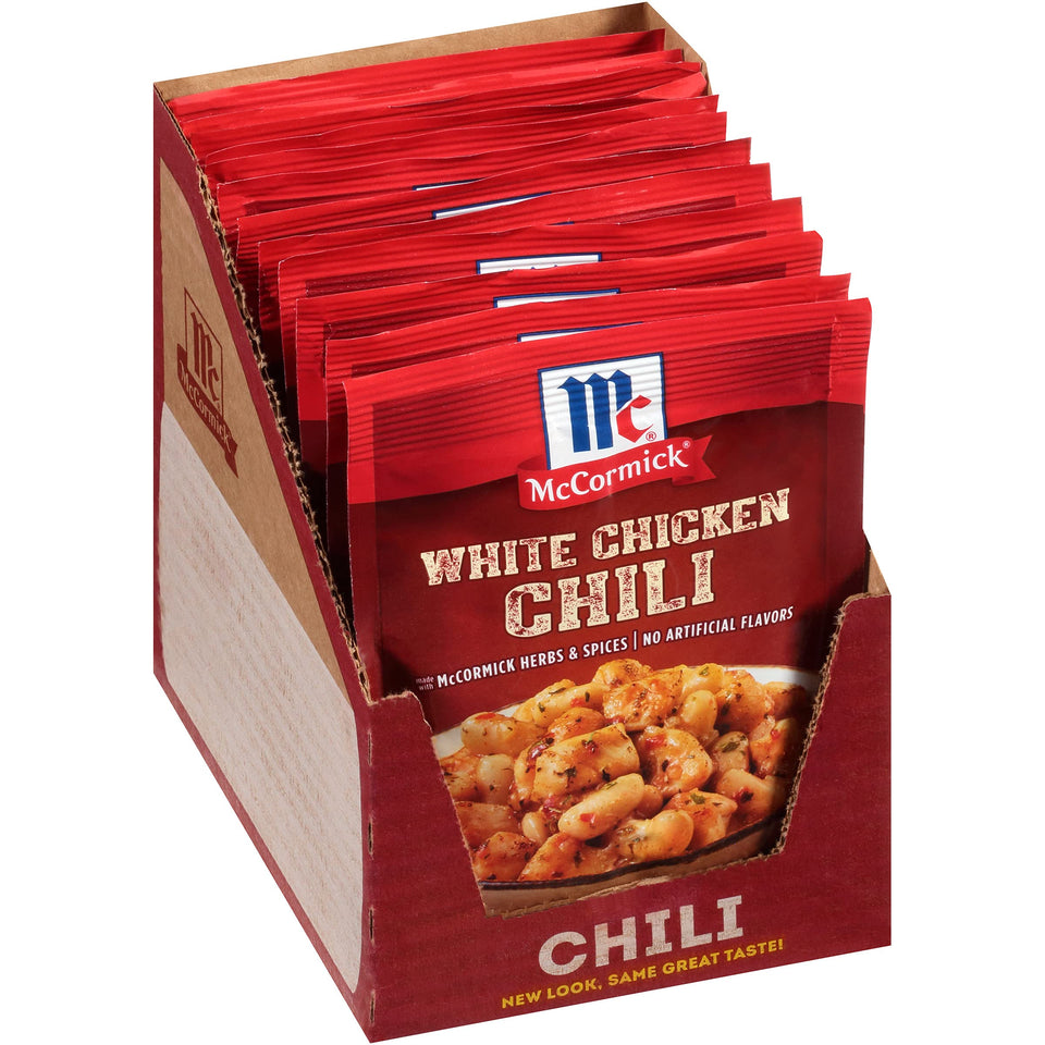 McCormick White Chicken Chili Seasoning Mix bottle for quick weeknight meals.
