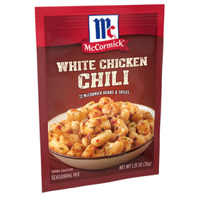 McCormick White Chicken Chili Seasoning Mix pack signals pantry convenience.