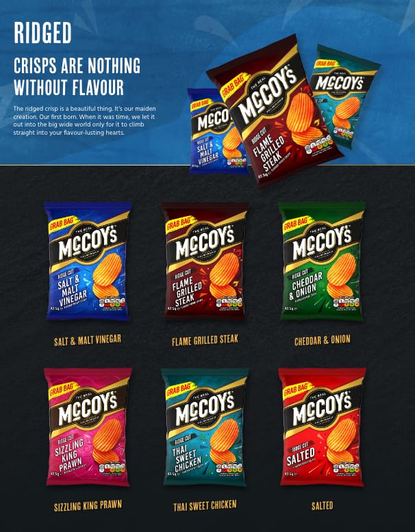 McCoy's Flame Grilled Steak Ridge Cut crisps bag-front displays packaging and savoury aroma