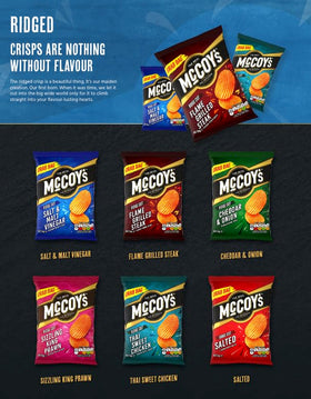 McCoy's Flame Grilled Steak Ridge Cut crisps bag-front displays packaging and savoury aroma
