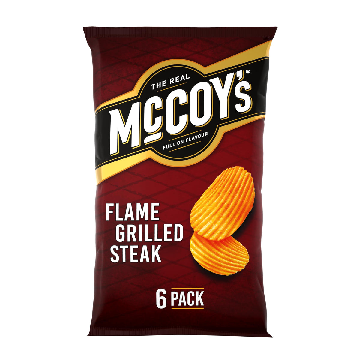 McCoy's Flame Grilled Steak Ridge Cut crisps close-up highlighting ridges for extra crunch