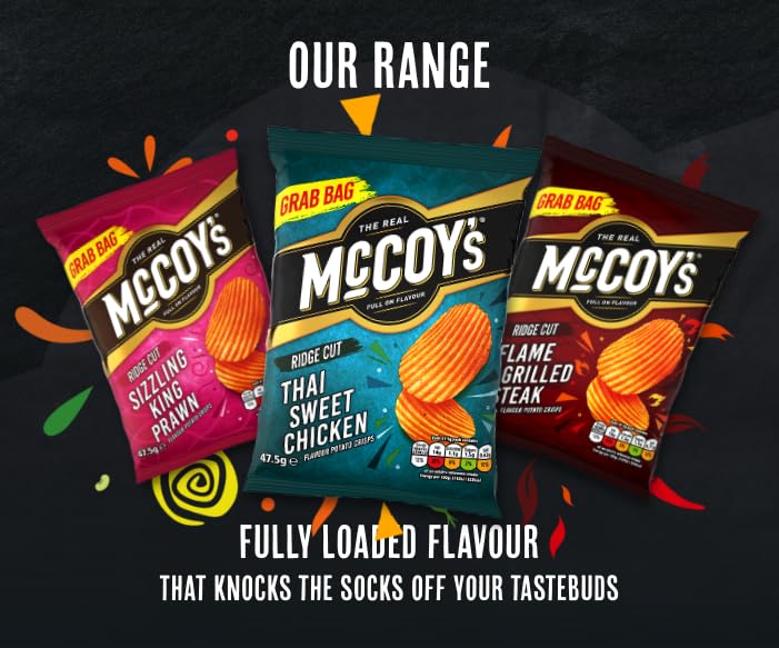 McCoy's Flame Grilled Steak Ridge Cut crisps sheet shows even seasoning and bold flavour