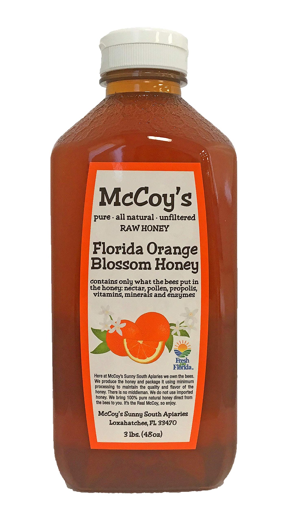 McCoy's Honey Florida Orange Blossom jar close-up showcases floral aroma perfect for toast.