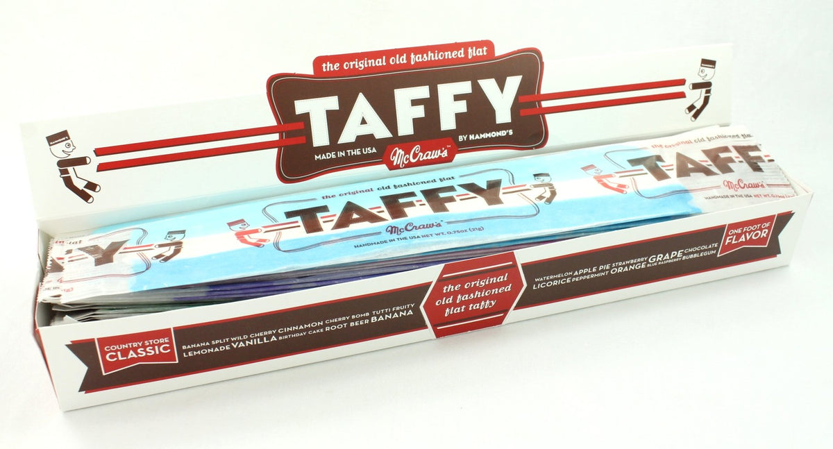 McCraws Giant Flat Taffy 24-pack display for sharing at parties.