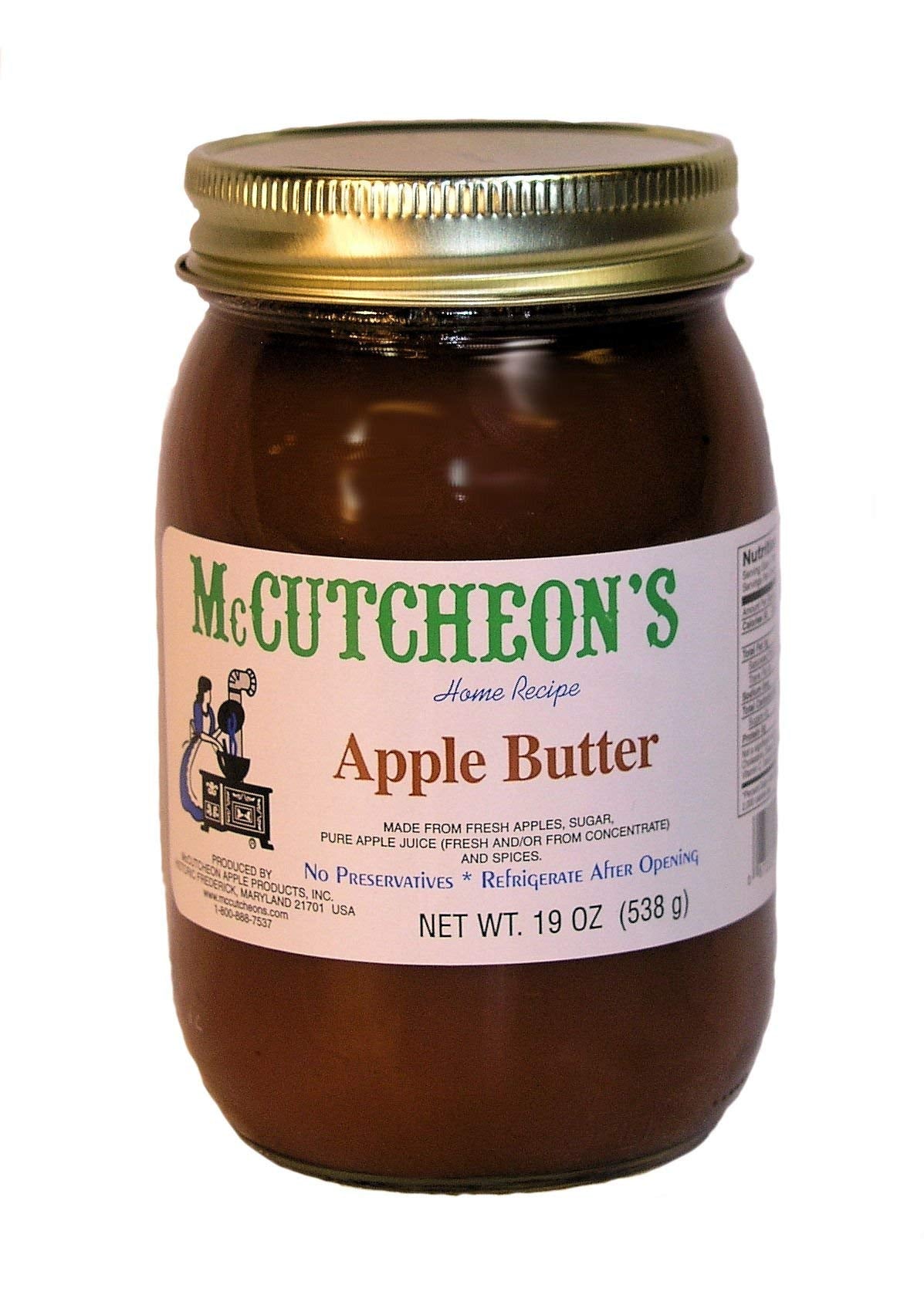 McCutcheon's Apple Butter on wood table; rich, all-natural spread for toast