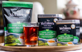 McEntee's Tea Irish Breakfast bag back, notes on blend and brewing guidance.