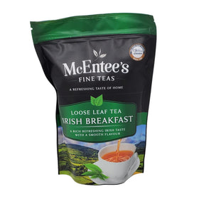 McEntee's Tea Irish Breakfast bag front view, premium blend for bold mornings.