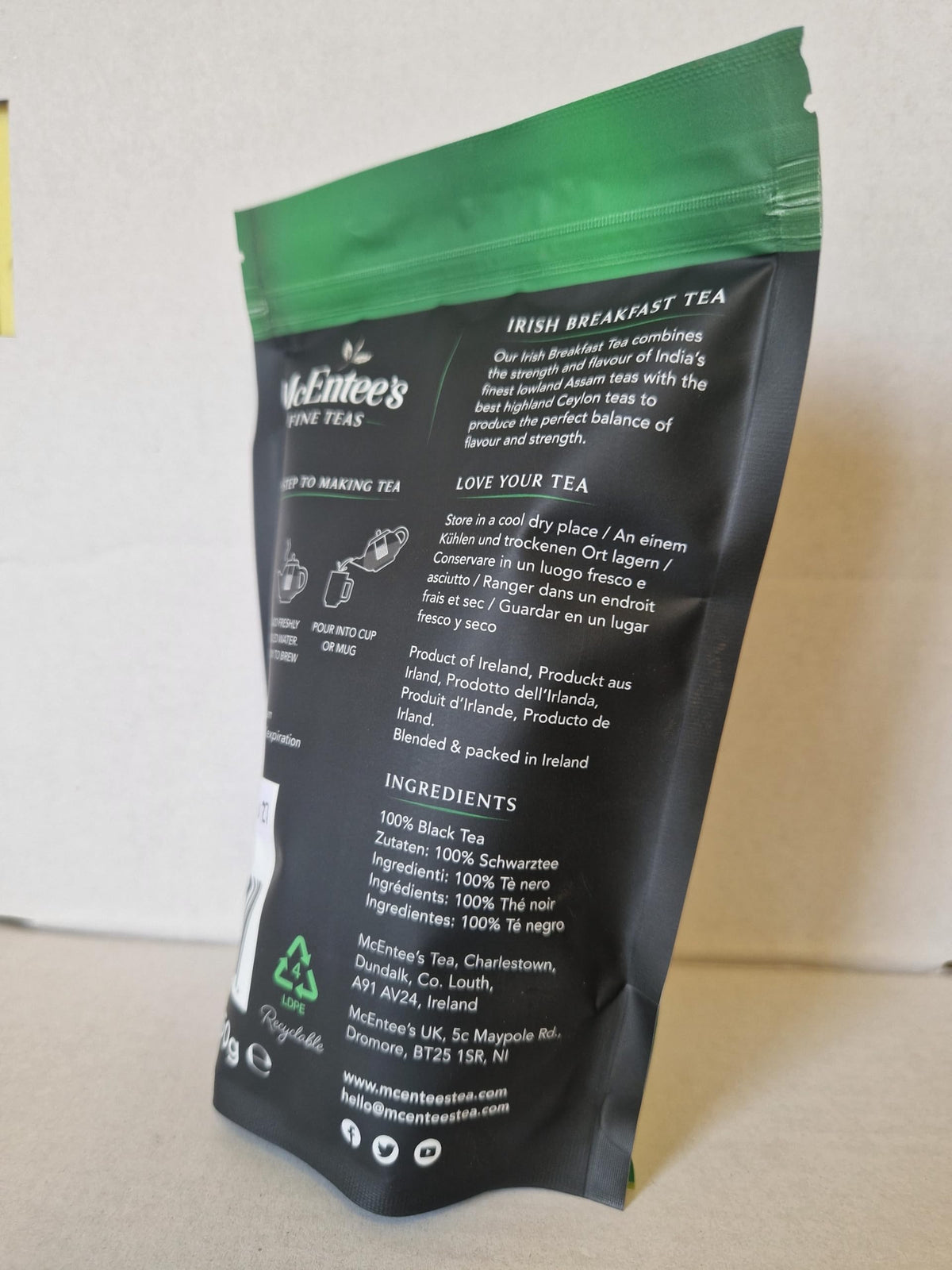 McEntee's Irish Breakfast brewed cup, citrusy and full-bodied for morning rituals.