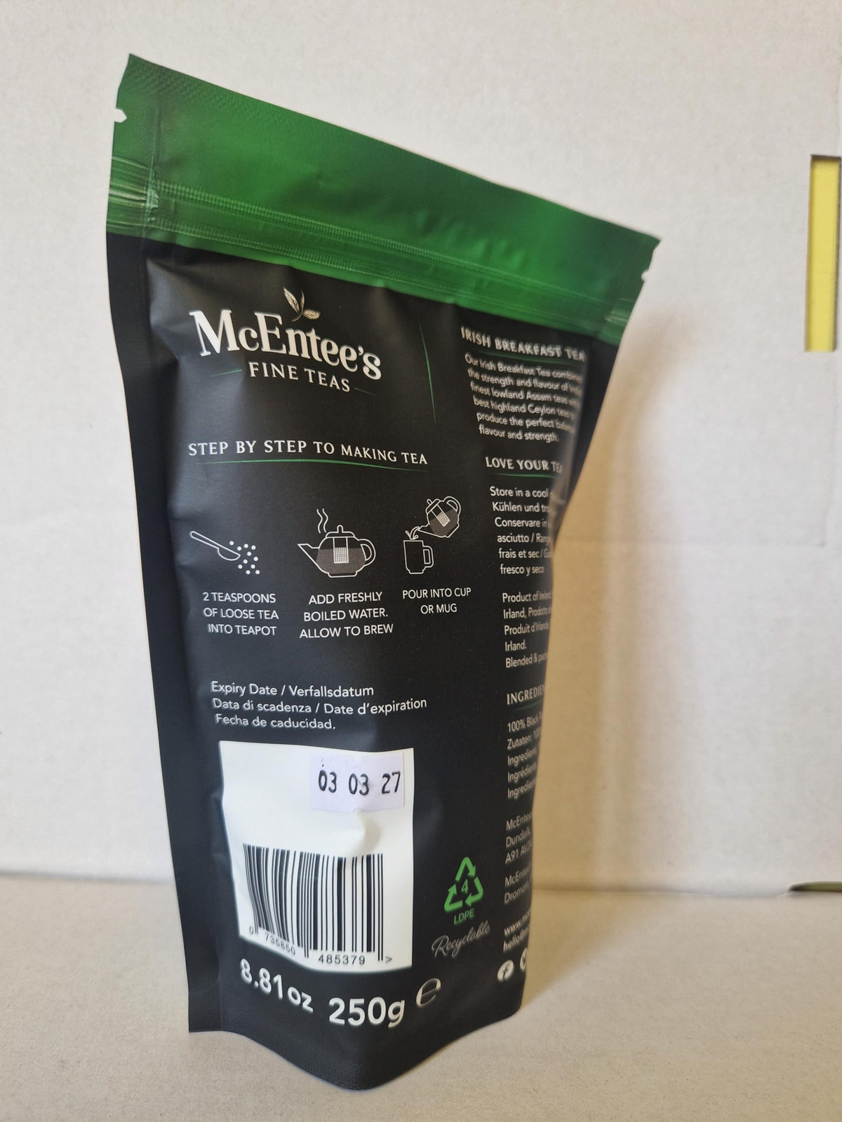 McEntee's Irish Breakfast label close-up, heritage blended in Ireland.