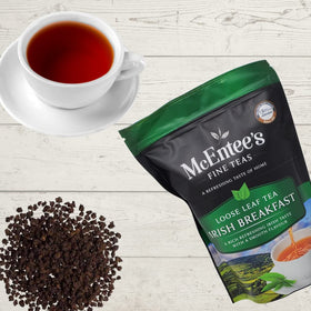 McEntee's Tea Irish Breakfast tea leaves close-up, rich aroma from Ceylon and Assam.
